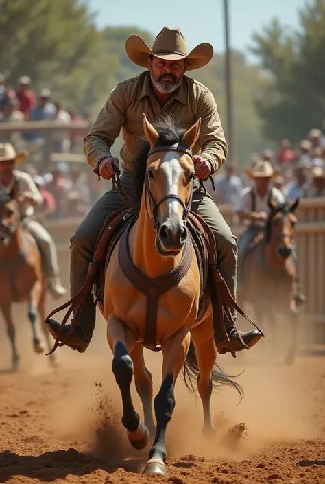 Create an image in which a rancher man is fiercely riding a toy horse in a jaripeo arena