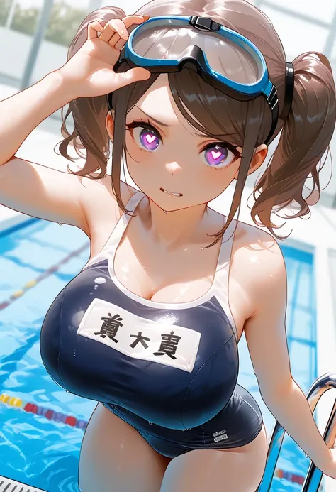 girl, cute, masterpiece, swept bangs, high quality, high resolution, big breast, lovely thighs, swimmer girl, short curly twintails, school swimsuit, brown hair, purple eyes, swimming goggles on head, outdoor pool background, an expression that looks up to...