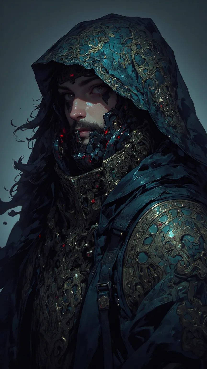 in the style of cksc, dreadmirtharta highly detailed fantasy portrait of a dark, mysterious wizard with deep, piercing eyes, ominous facial features, and an intricate hooded robe, dramatic lighting, moody atmosphere, dark color palette, cinematic compositi...