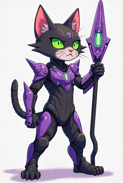 This kitten stands upright on its hind legs, striking a dynamic pose.
	•	It confidently holds the Lance of Longinus in its right paw.
	•	It wears a tight-fitting, nanomachine-generated bodysuit inspired by Evangelion Unit-01, featuring a purple, green, and...