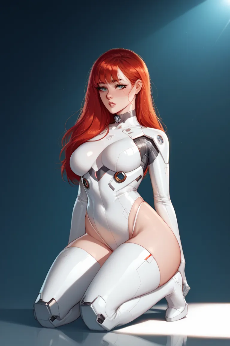 1 girl, long red hair, bangs, white thong bodysuit, electronic collar, kneeling