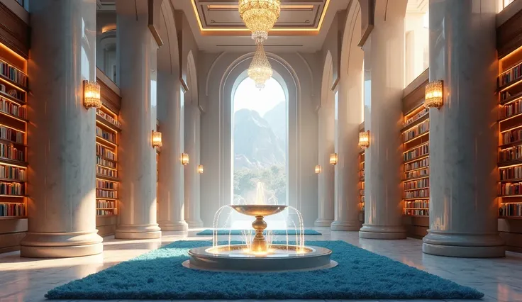 modern, depth of field, sparkle, god rays, UHD, masterpiece, accurate, super detail, high details, high quality, award winning, best quality, 1080P, HD, 16k, a big library with blue rug, chocolate color bookshelves, golden  chandelier, marble pilars with f...