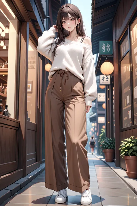 (masterpiece, best quality:1.5), (ultra detailed, high resolution, 8k, beautiful detailed, UHD, best anatomy), Chocolate brown Natural straight hair, 1 girl, Relax Casual Style, Oversized knit (Ivory), Brown wide-leg pants, Slip-on sneakers, full body shot...