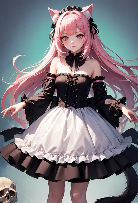 , suimya,best quality,masterpiece,1girl,animal ears,pink hair,looking at viewer,long hair,cat ears,extra ears,grey eyes,animal ear fluff,blush,,,group chat room,morning,guessing wordplay,(gothic skirt,skull accessories:1.2),female with pink hair and cat ea...