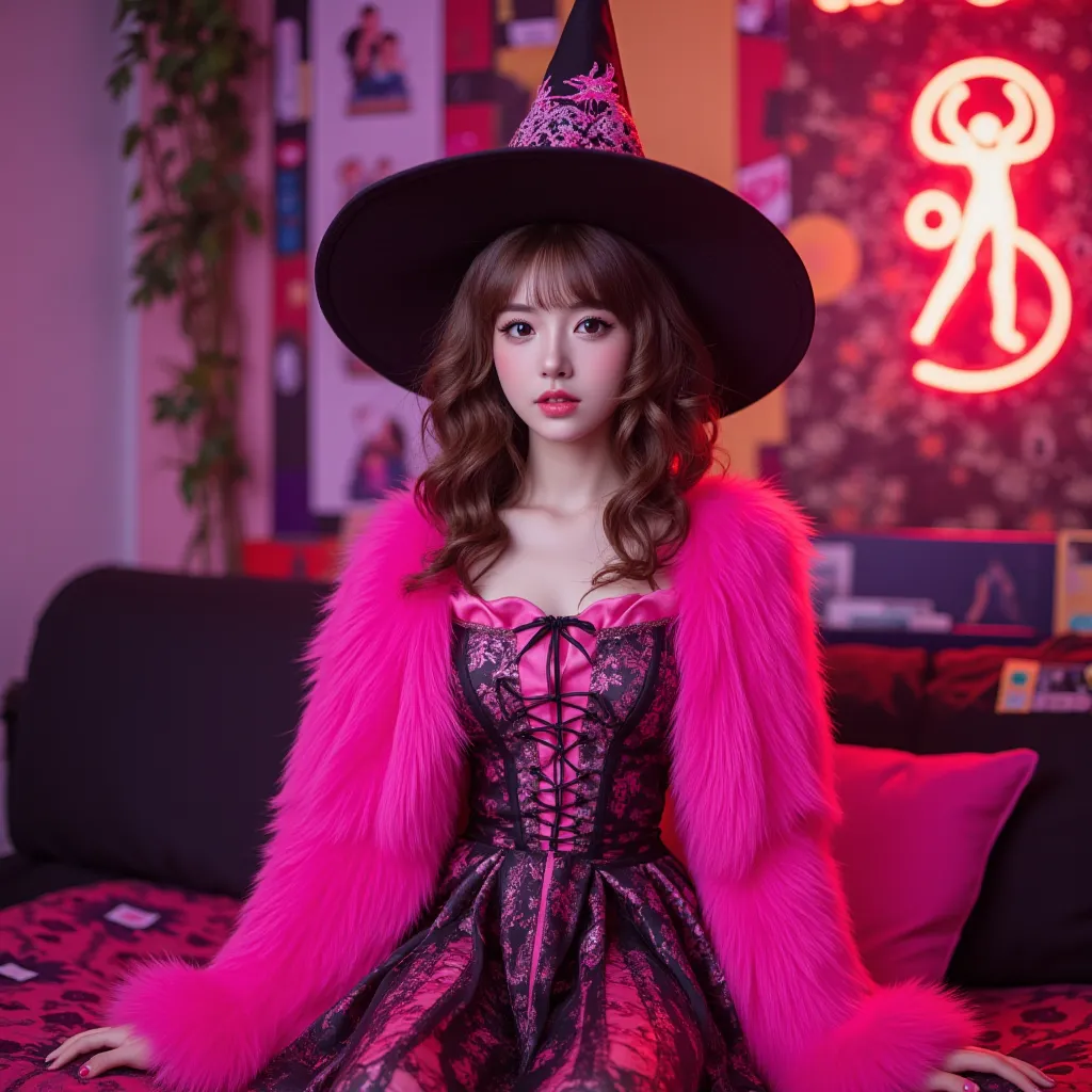 A kpop girl, korean, curly brown hair, pretty, , looks like Haerin from NewJeans, dark brown eyes, slim, cutie, adorable, kpop music video concept photos, BRATZ Y2K type vibe, witch outfit, full body, hot pink and black, witch, pretty elegant long dress, d...