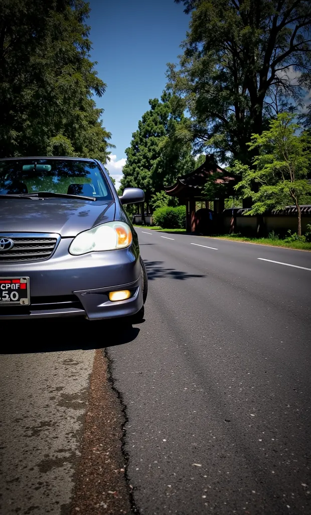 Create anime of Toyota Corolla Sport model and year 2005 color dark gray, luxury black wheels, Windows 
 and black black windshields on a Japanese temple background 