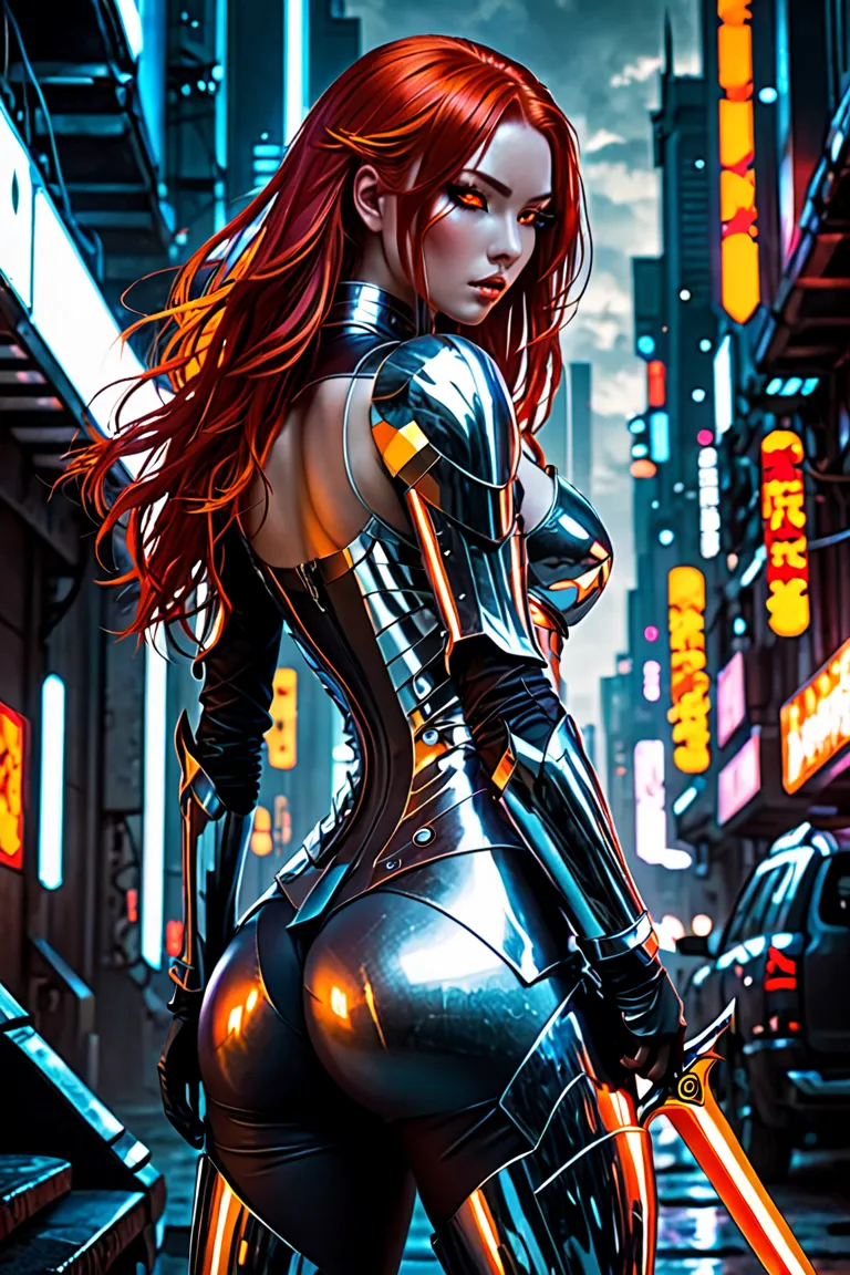 Woman, anime style, body with curves. big breasts. Long red hair. orange-red eyes. Wearing silver cyperpunk style armor. Holding a futuristic dagger
