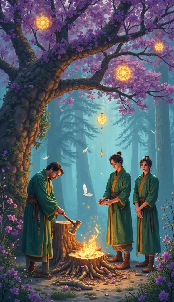  Map of a magical fantasy work .

 The centerpiece is a magical forest, there is a man in his 30s wearing magical green oriental robe.  Brown leather boots on his feet  . Short brown hair .
A man holds an ax in his hands and chops logs for firewood on a st...