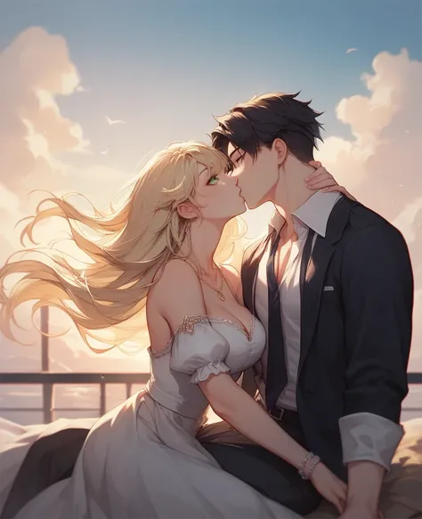 I'd like . anime.. couple.. A white. The man has black hair,  scattered hair coma .. y green eye _ with his blonde haired girlfriend with bangs and green eyes, .. kiss..masterpiece, The best quality,  effect,  illustration, beautiful detailed eyes, foregro...