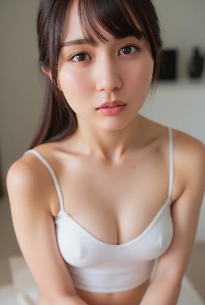   High resolution photo of a young Japanese female idol leaning forward to accentuate her cleavage,  intricate details,   sharp concentration, alone,  1 girl,  focus on your face ,  face up ,  looking at camera ,  pale skin,  detailed face,  detailed eyes,...