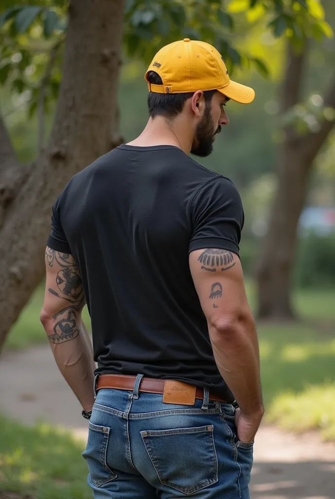  realistic photography , of 35 years old (((men's athletic white))) , , seen from below, nalgon  in the profile , black with yellow details, Oxford shirt and very tight blue jeans, brown belt,  in the profile , big ass, viendo a cámara,   black eyes, in th...