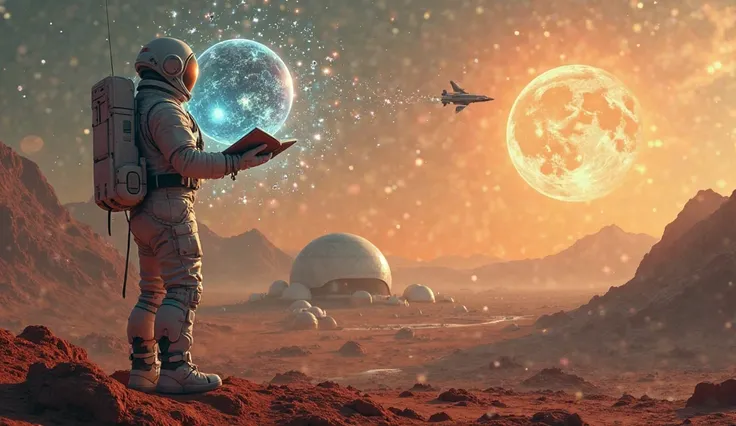 "Creates a high-quality, hyperrealistic image that represent the phrase: 'And while we dream of colonizing other planets, knowledge will be our tool to overcome the challenges that we face as a species'. The scene must show a futuristic vision of a human c...