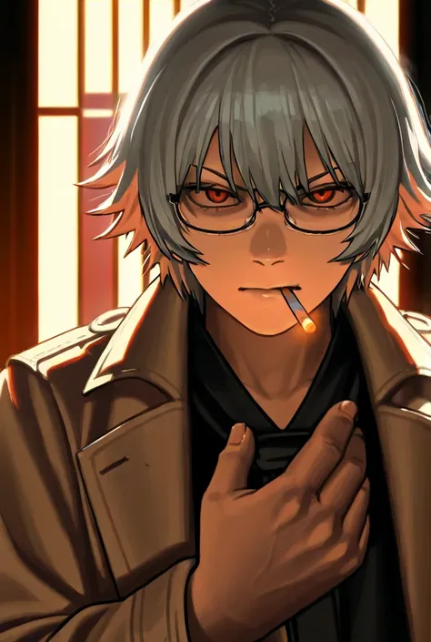 20th Generation、Gray Hair、A handsome 180cm、glasses、I'm holding a cigarette with my mouth and smoking it、trench coat with a tie、criminal、Has martial arts experience