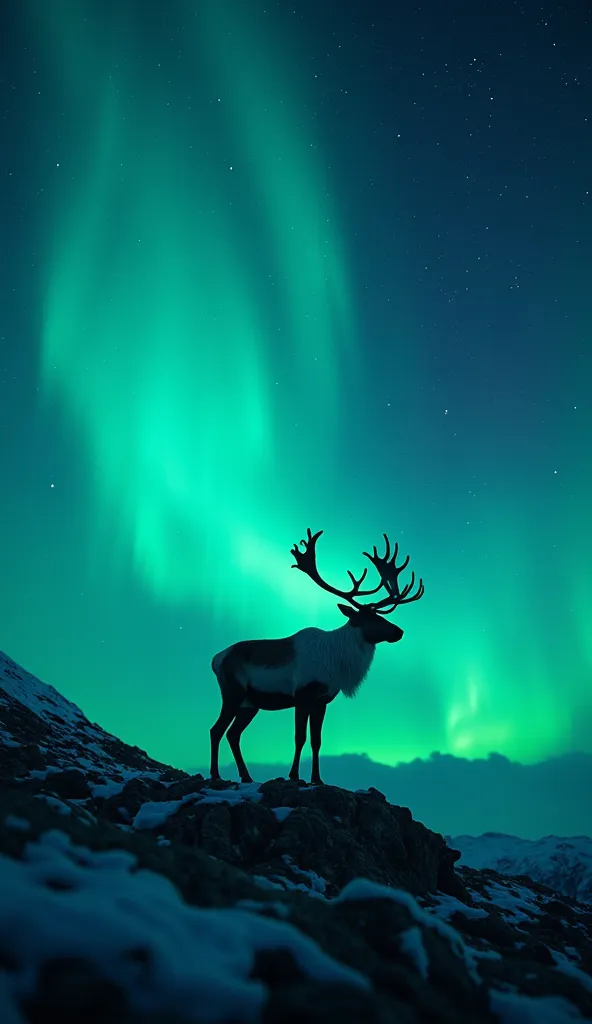 "A breathtaking night-time Arctic landscape featuring a majestic reindeer standing in silhouette against a vibrant aurora borealis. The northern lights display swirling green and blue hues, illuminating the deep midnight sky dotted with countless stars. Th...