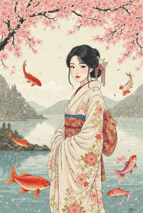 Make an ancient japanese drawing of a woman in a kimono with Sakura trees all around and fish and a dragon simple drawing simple colors Japanese ancient art