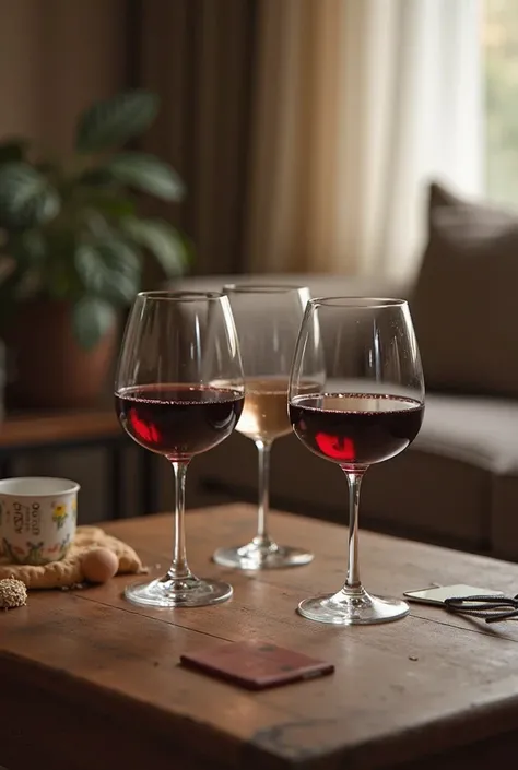 I want three wine glasses placed on a table in a living room. As if it were a meeting of friends but you can't see people. I need the photo to look like it was taken a little from above and that the environment is neither too nice nor ugly