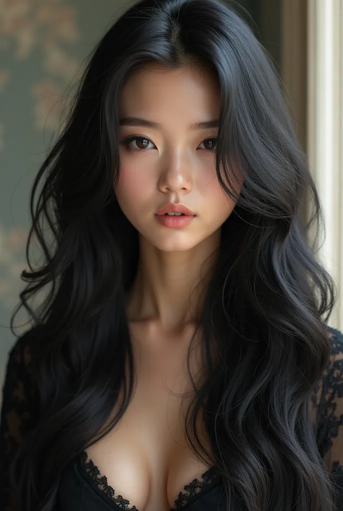 A beautiful girl with long black hair beautiful perfect 