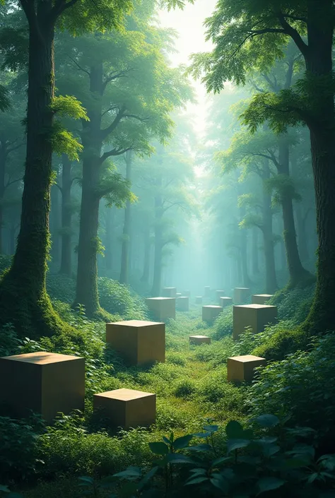 Cubes scattered across a forest