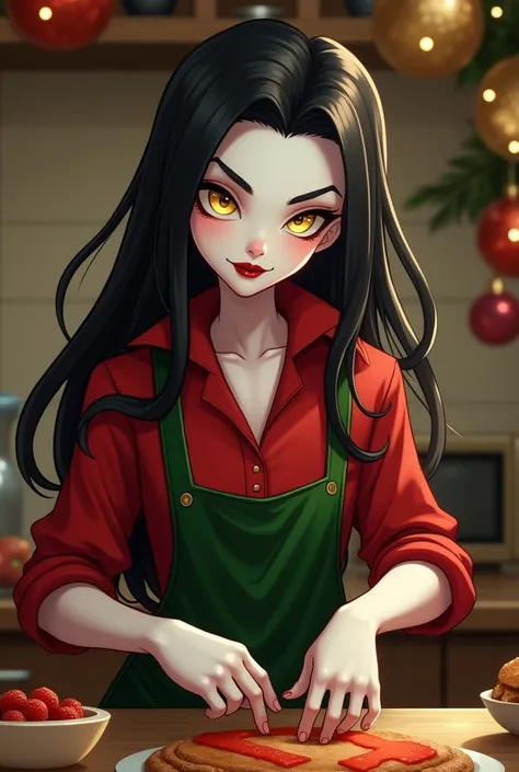 A petite, slender vampire with white skin, long silky black hair, large yellow eyes, small nose, and rounded dark red lips. He appears playful and charming. preparing holiday food. He is wearing a beautiful red shirt and a green apron. He has long, flowing...