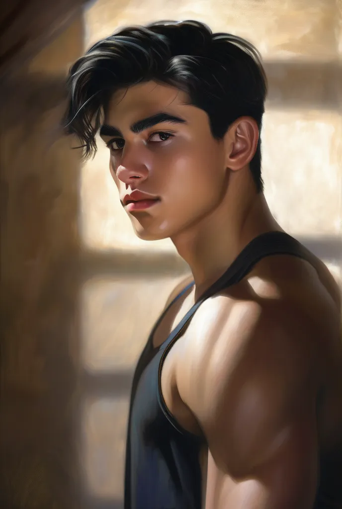 Portrait of a handsome 17-year-old male ager from Tajikistan with short black hair, white skin and dark eyes, has a large Greek-type nose with an athletic physique in the gym. 