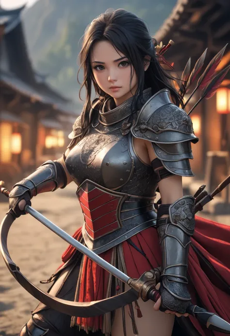 epic realistic, RAW, analog, A full body picture of stunning Japanese woman, black hair, black eyes, Japanese facial featured, naked under red Japanese yoroi armor, proud expression, medieval warzone, battlefield,  natural look, no make up,  masterpiece th...