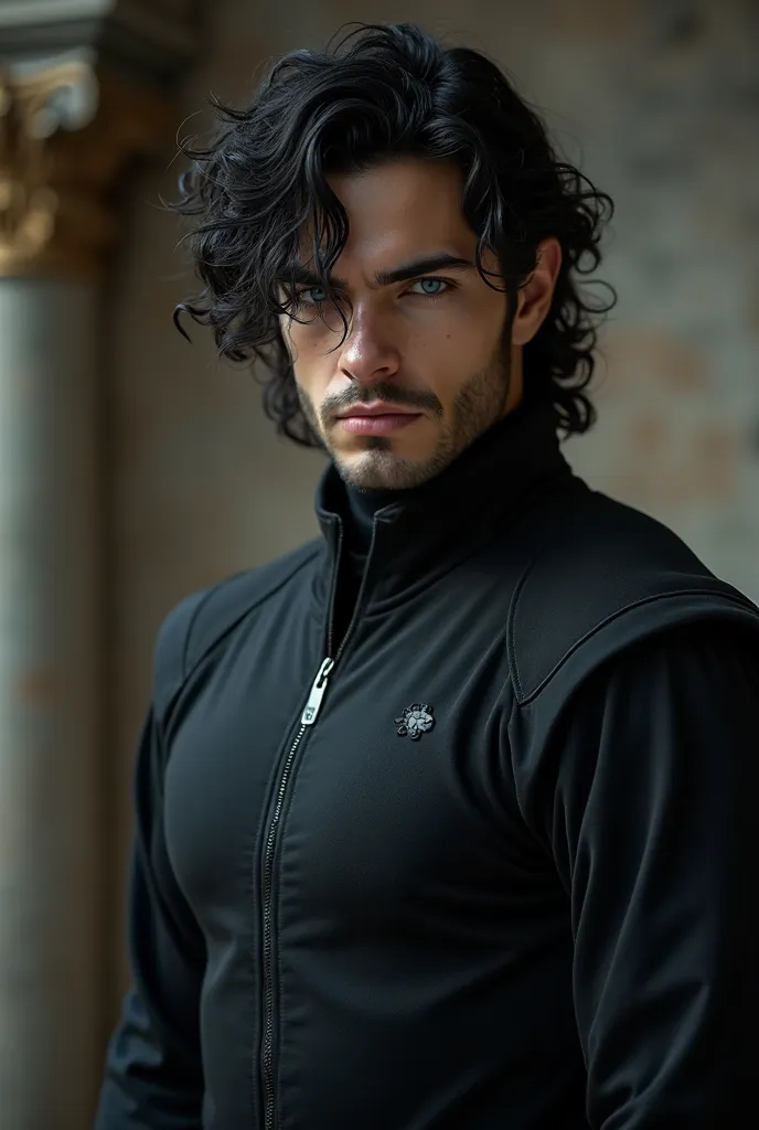  White man,   marks of pale skin. eyes with silver blue, He's a prince, curly black hair falling over the eyes, dressed in black fighting leather,  muscular body, face with soft features, showing youthfulness 