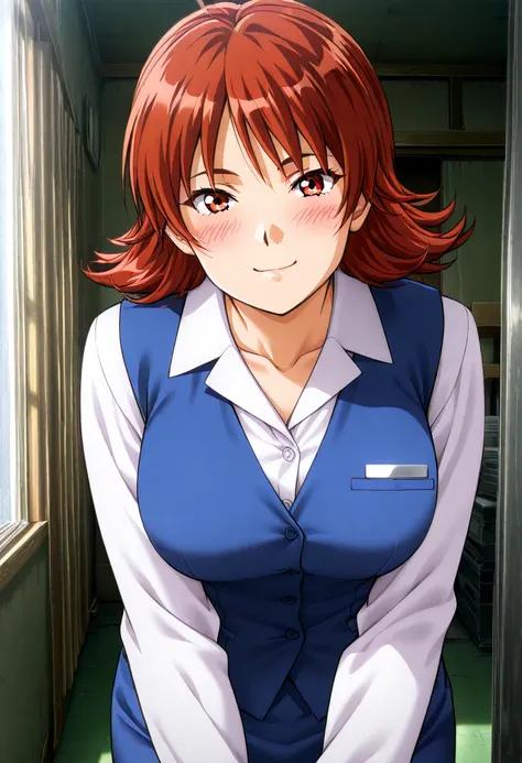 suehiro, blue vest, dress shirt, blue skirt, 1girl, solo,, office,, masterpiece, best quality ,,,,,,(kisaku),general,highres, ultra-detailed,very aesthetic,best quality ,,  BREAK , 1girl, large breasts,, anime coloring,(anime coloring), (anime screencap),
...