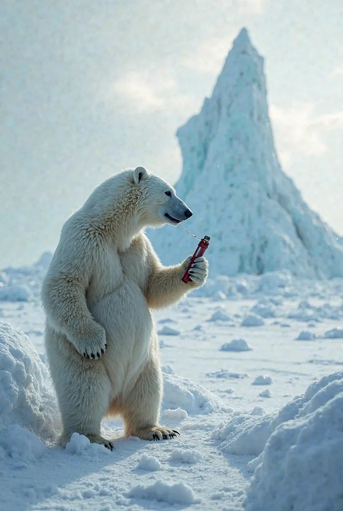 k,high image quality、Arctic ice world、A snowy sky with a large pointed iceberg in the background、A polar bear is standing and comfortably holding an e-cigarette
