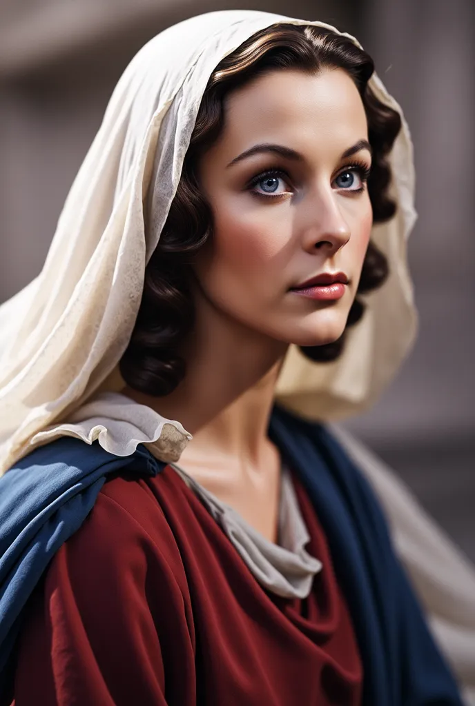 (masterpiece:1.2, highest quality),8k,wallpaper,(Vivien Leigh as Virgin Mary, red tunic, blue cloak, white veil), (((full body))) ,looking down kindly, detailed face,clean expression