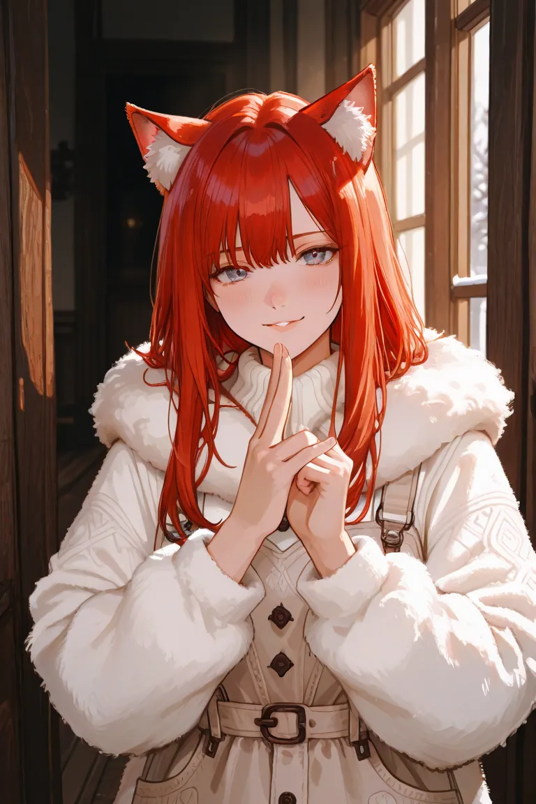 female ,18 years old, red hair, cat ears, white fluffy winter clothes, female ,18 years old, red hair, cat ears, white fluffy winter clothes, hold your hand out in front of you