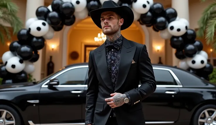  Matthew Noszka  ,  muscular,  very white skin , short blond hair cut low fade,  square-cut short beard , with blue and black butterfly tattoos all over the body up to the neck. Wear an elegant black silk suit with a cowboy hat,  black formal shoes , Getti...