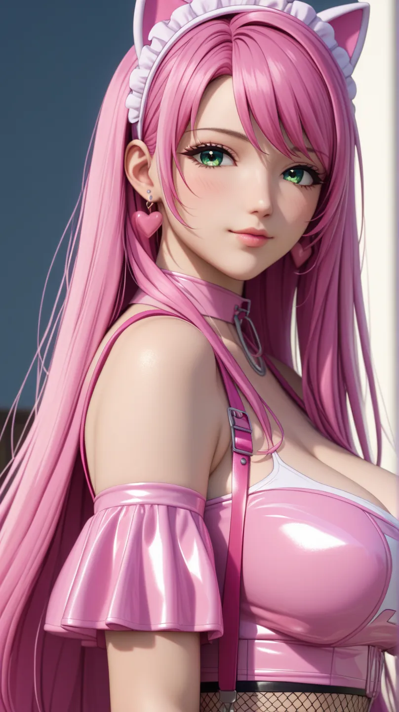 Moka Akashiya normal, long hair,  green eyes , pink hair, choke,big breasts, headdress enith pink fake cat ears、enear a pink suspenders over an off-shoulder short-sleeve enhite crop top、pink heart (symbol) print on cropped top, loen-rise pink latex (align)...