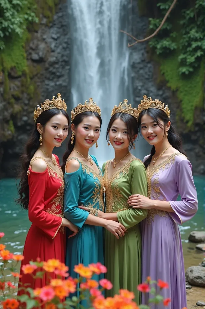  background :
 In general : The image shows a group of women dressed traditionally in a natural setting.
 Natural Elements : There is a waterfall in the background, creating a peaceful and natural atmosphere.

Character Dayang-Dayang:
Amount : Consists of ...