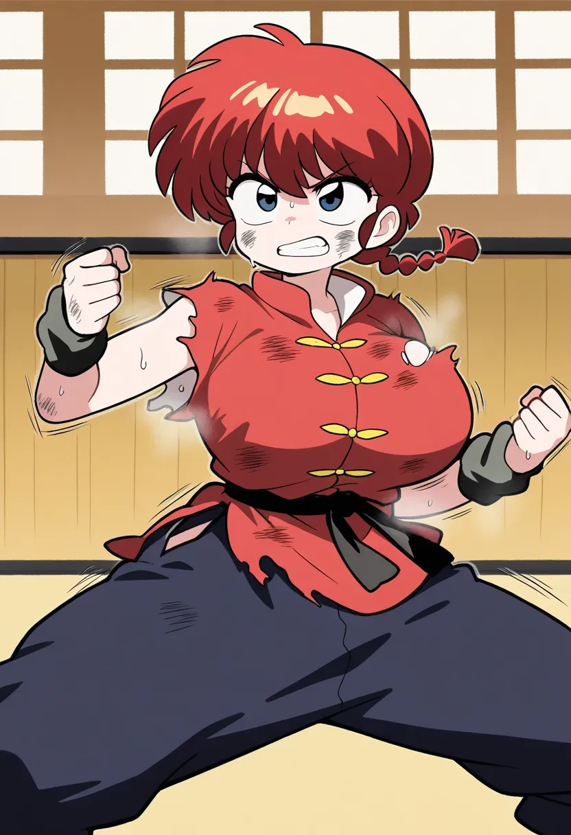  Ranma saotome , red hair, Hair with a braid, blue eyes, big breasts, red shirt with yellow buttons, pantalon azul, purple makeup on eyelids, fighting pose, sweat, intense battle, dirty clothes and body,  torn clothes, tired, Japanese Dojo ,  body steam, e...