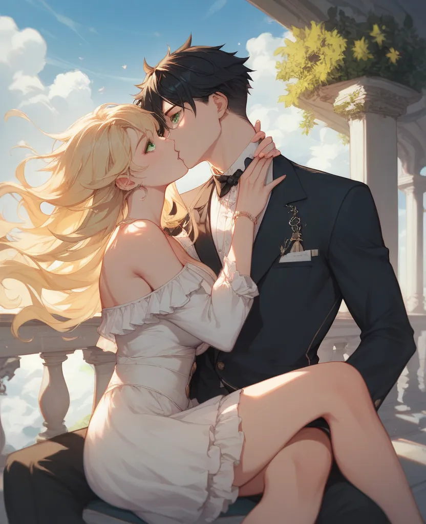 I'd like . anime.. couple.. A white. The man has black hair,  scattered hair coma .. y green eye _ with his blonde haired girlfriend with bangs and green eyes, .. kiss..masterpiece, The best quality,  effect,  illustration, beautiful detailed eyes, foregro...