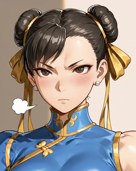 CREATE Chun-Li 1 , Alone, Blush, Ultra HD, Black hair, sigh, Serious, throw, Face Close,  not too close 