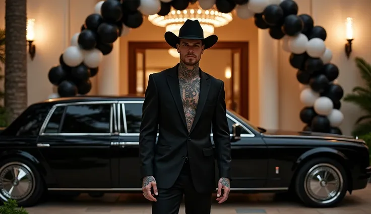  Matthew Noszka  ,  muscular,  very white skin , short blond hair cut low fade,  square-cut short beard , with blue and black tattoos all over the body up to the neck. Wear an elegant black silk suit with a cowboy hat,  black formal shoes , Getting out of ...