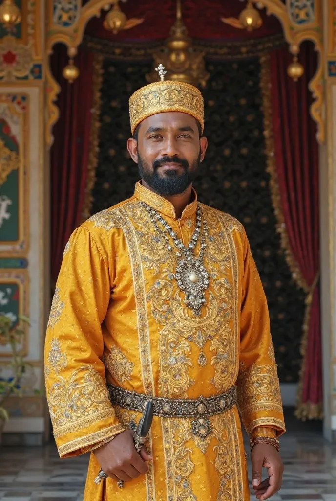 "A handsome Malay man , dressed like an ensign of the Melaka Sultanate. He wears a gold-colored tengkolok with traditional carved decoration, Malay overalls embroidered with gold thread, next to the songket, and carrying a keris inserted around the waist. ...