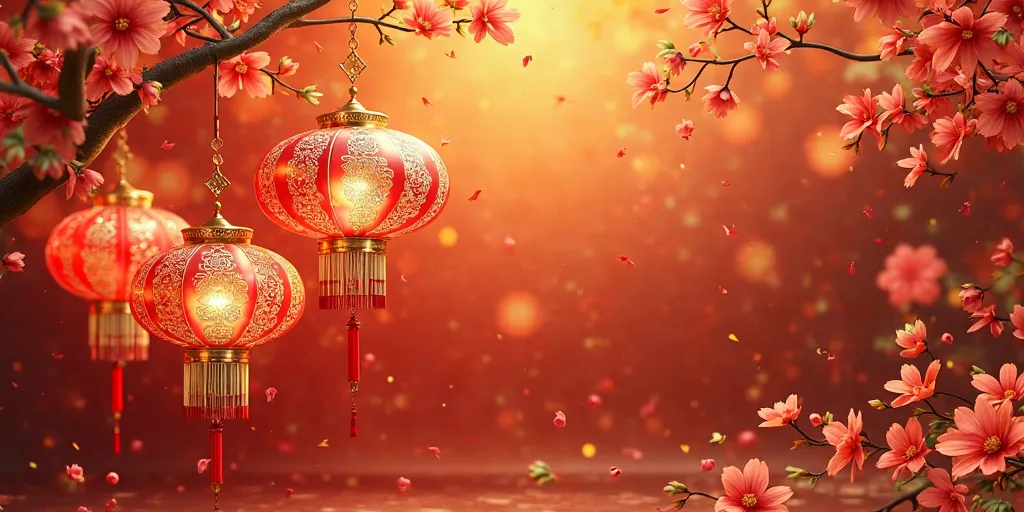 Red And Gold Chinese Lantern Background With Floral Pattern