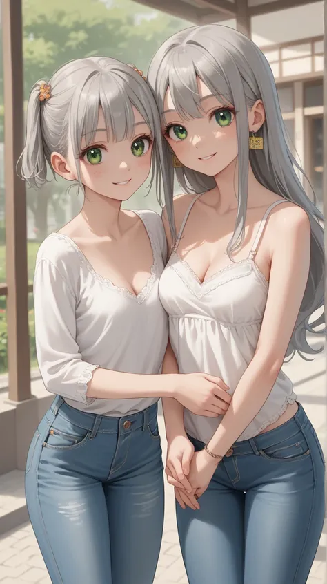 two young anime-style twin girls with green eyes and long grey hair, smiling and wearing a jeans and Blouse that shows cleavage, 8K, high resolution, vivid colors, beautiful