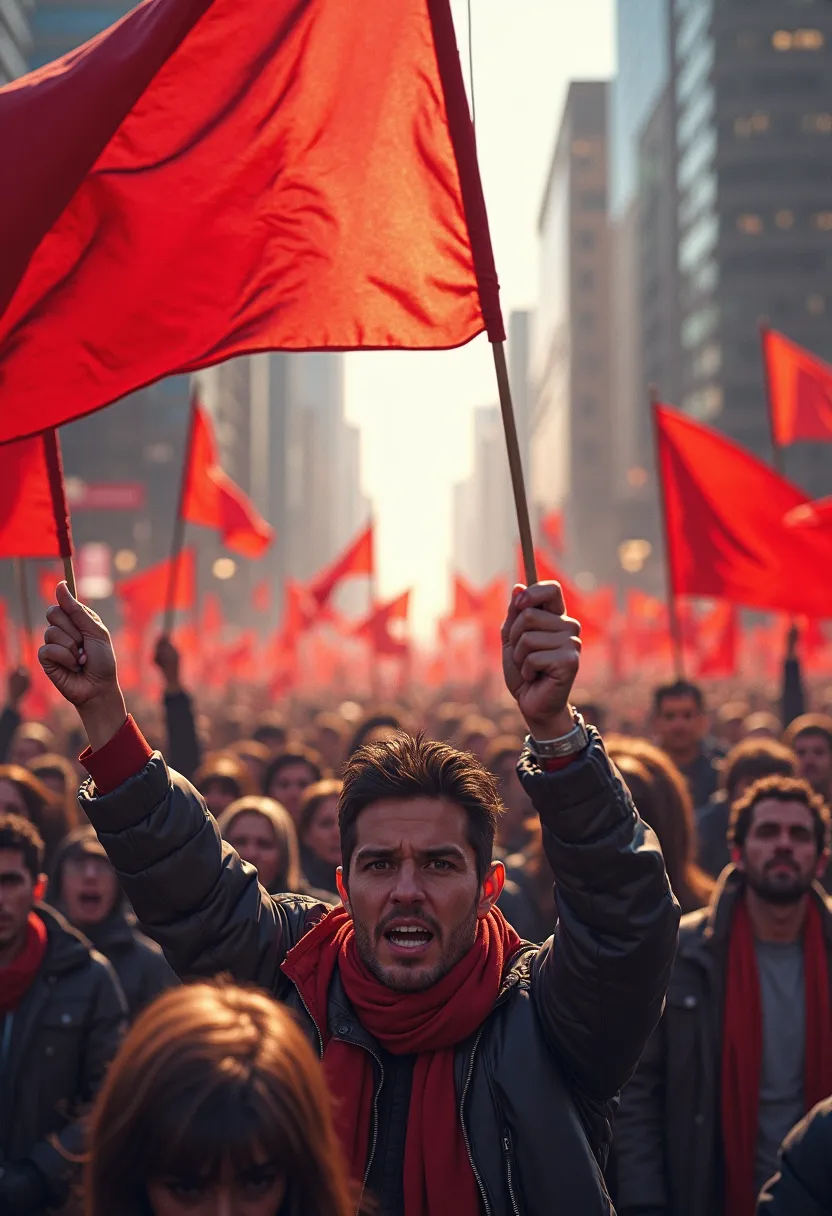 Demonstrators carry red flags