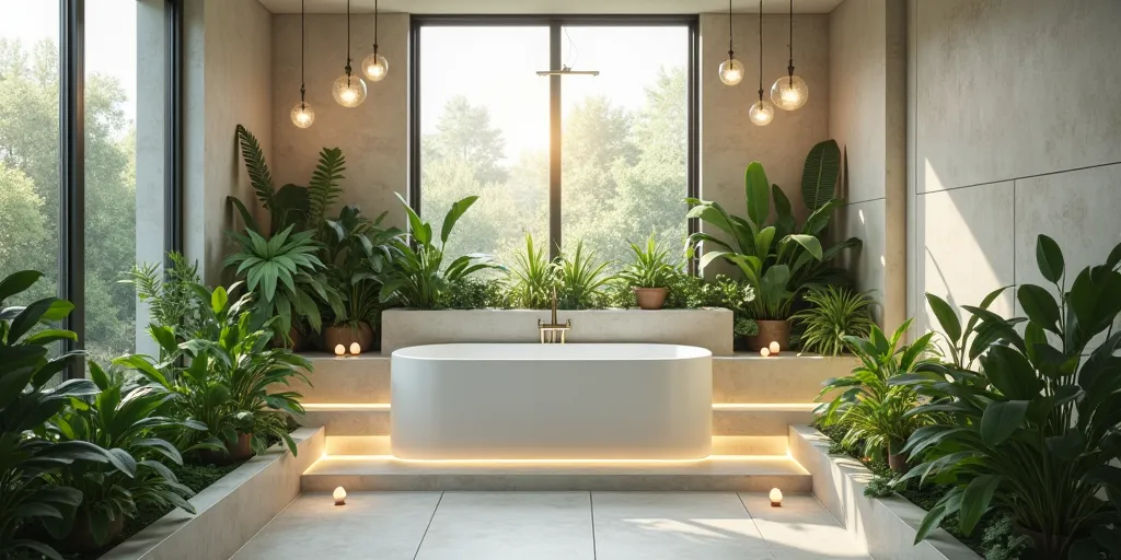 Modern Bathroom With Bathtub Plants And Light Globes Background