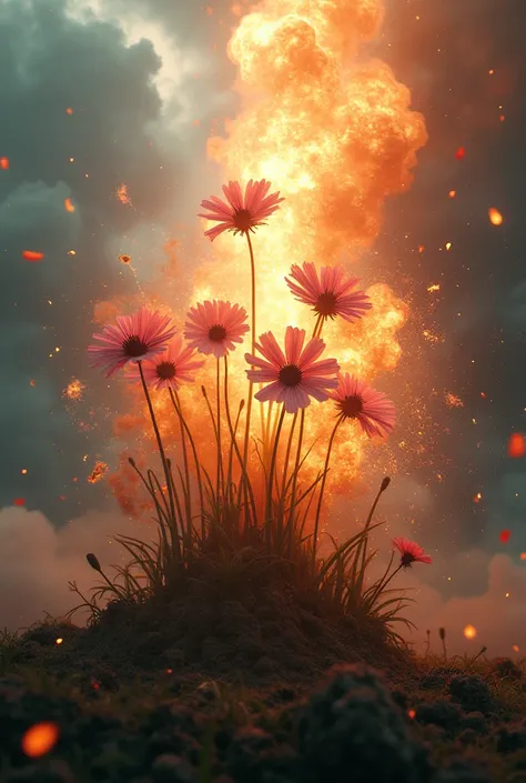  EXPLOSION, chaos, flores, hyper realistic beauty 8k 