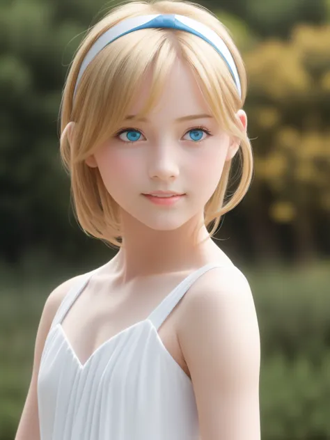 cute girl, White Fluffy Dress ,  blonde middle hair, blue eyes, Headband on the head , looks at woman, Hi-Res, high quality, very detailed, Ultra High Definition, masterpiece, Shoulder Hair , flat chest, (photorealistic:1.4), shoulder shot,