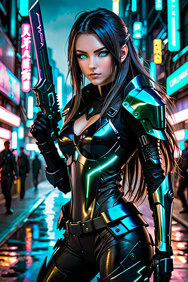 
Woman, anime style, body with curves. big breasts. Long blue hair. blue-green eyes. with a small smile on his face. Wearing black cyperpunk style armor. Holding a futuristic dagger.cyberpunk style
