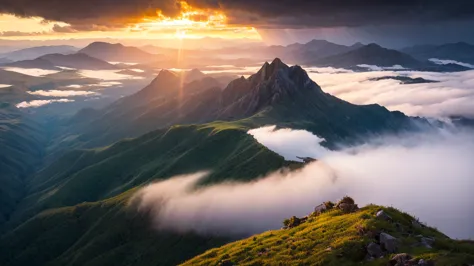 A breathtaking and dramatic aerial scene inspired by the aviation art style of Peter Van Stigt. The sky dominates the composition, filled with towering, billowing cumulus and streaks of high-altitude cirrus clouds, illuminated by a dramatic golden sunset o...