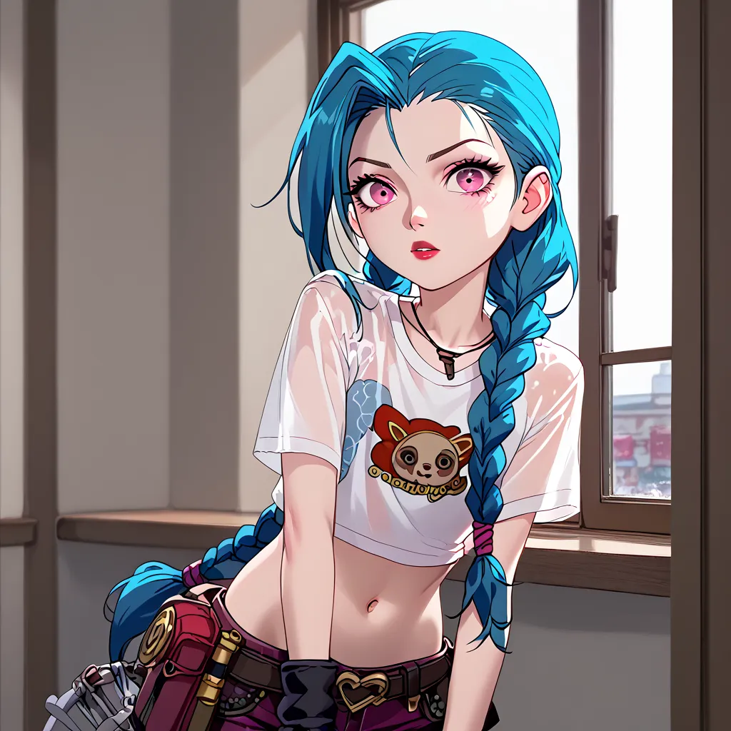  girl RED HAIR YOUNG 18 with nice body in school undressing naked , you can see his no underwear nerd glass naked green hair, long hair, midriff, pink eyes, red lips, shirt, solo, standing, tattoo, arcane jinx, jinx \(league of legends\) NUDE HOT SEXY