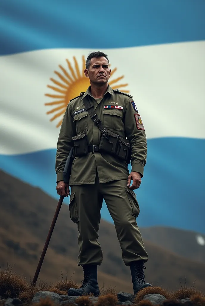 Mobile wallpaper of an Argentine soldier in the Falklands with the Argentine flag 