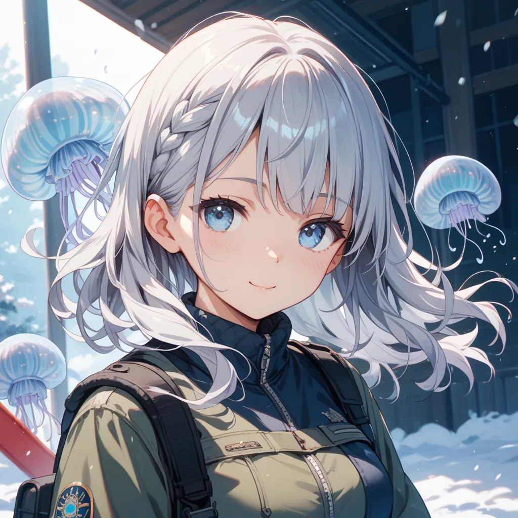 one woman、Step jellyfish wolf、Gray Hair、light blue eyes、 cute、Military cold protection、cold weather background