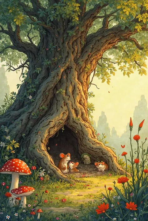 
"Cozy Burmese forest scene, a giant ancient tree with twisting roots, a tiny mouse family living peacefully under the roots, surrounded by mushrooms and wildflowers, soft golden sunlight filtering through leaves, warm and vibrant colors, detailed watercol...